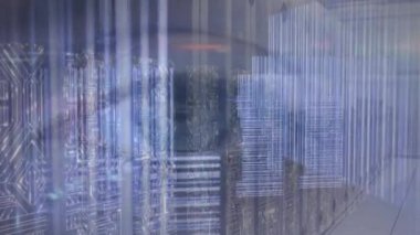 Bilgisayar sunucu odasına karşı kadın gözü kapalı veri işleme animasyonu. Siber güvenlik ve iş veri depolama teknolojisi kavramı