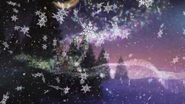 Kış köyü ve ormanın üzerine yağan karın animasyonu. Noel ve kutlama konsepti dijital olarak oluşturulmuş video.