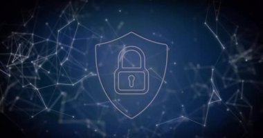 Güvenlik asma kilit simgesinin canlandırılması ve mavi arkaplan ile bağlantı ağı. Siber güvenlik ve iş ağı teknolojisi kavramı