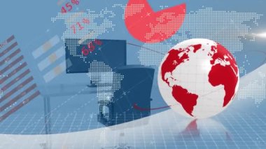 Açık uzay ofisinin üzerindeki dijital ekranlarda dünyanın, grafiklerin ve çeşitli veri işlemlerinin animasyonu. İş, veri işleme ve dijital arayüz kavramı dijital olarak oluşturulmuş video.