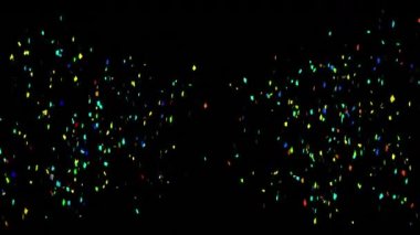 Siyah arka plana düşen konfeti animasyonu. Işık, şablon ve hareket konsepti dijital olarak oluşturulmuş video.