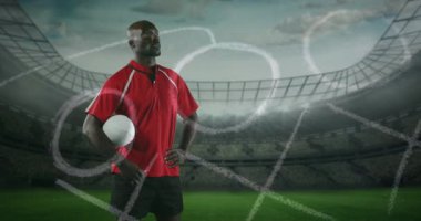 Stadyumdaki ragbi toplu Afro-Amerikan adamın pozisyonunun animasyonu. Spor, rekabet ve strateji konsepti dijital olarak oluşturulmuş video.