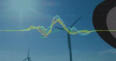 Mavi gökyüzüne karşı dönen yel değirmenleri üzerinde istatistiksel veri işleme animasyonu. Yenilenebilir enerji ve iş teknolojisi kavramı