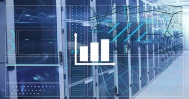 Bilgisayar sunucu odasına karşı veri işleme arayüzü üzerinden çubuk grafiğinin animasyonu. Bilgisayar arayüzü ve iş veri depolama teknolojisi kavramı