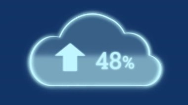 Mavi arkaplan üzerinde yüzde ikon olan bulut animasyonu. Sosyal medya ve dijital arayüz konsepti dijital olarak oluşturulmuş video.
