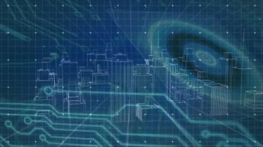 Siyah arka planda veri işleme ağı ve dijital şehir bağlantılarının animasyonu. Teknoloji, çevrimiçi güvenlik ve dijital arayüz kavramı dijital olarak oluşturulmuş video.