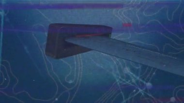 Hareket eden çizgilerin animasyonu ve mavi arkaplandaki ATM 'ler. Dijital olarak oluşturulan bağlantı ve veri işleme konsepti küresel ağı.