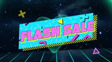 Siyah arkaplandaki şekiller üzerinden flash satış metninin animasyonu. Küresel teknoloji, sosyal medya ve dijital arayüz kavramı dijital olarak oluşturulmuş video.