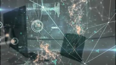 Boş ofise karşı bağlantılar ve veri işleme ağının animasyonu. Küresel ağ ve iş teknolojisi kavramı