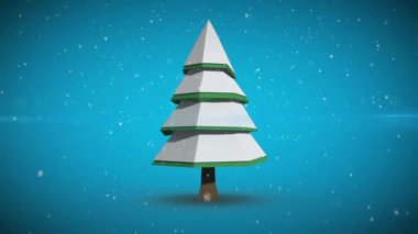 Kar yağışının animasyonu ve mavi arka plandaki ağaçların üzerinde ışık izleri. Noel, gelenek ve kutlama konsepti dijital olarak oluşturuldu.