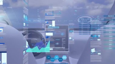 Gökyüzünde uçan bir arabanın içindeki istatistiksel veri işleme animasyonu. Bilgisayar arayüzü ve gelecekteki teknoloji kavramı