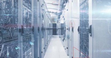 Animation of mathematical equations and data processing over server room. Global technology, computing and digital interface concept digitally generated video.