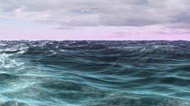 Deniz batımı manzarasında pembe hareketli ışıkların animasyonu. Dijital olarak oluşturulmuş küresel veri işleme kavramı.