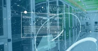 Sunucu odasında 5G metin ve veri işleme ile tarama alanının animasyonu. Küresel teknoloji, bilgisayar ve dijital arayüz kavramı dijital olarak oluşturulmuş video.