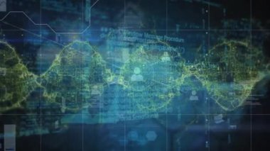 Karanlık arka planda dönen ikonlar ve DNA iplikçikleriyle bağlantı ağının animasyonu. Küresel bilim, ağlar, bağlantılar ve dijital olarak oluşturulmuş video işleme kavramı.