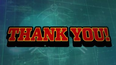 Mavi arkaplandaki veri işleme üzerinden teşekkür metninin canlandırması. Sosyal medya ve dijital arayüz konsepti dijital olarak oluşturulmuş video.