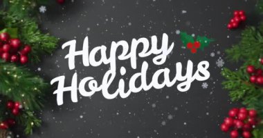 Mevsim kutlamalarının animasyonu, kar yağışı ve Noel süsleri üzerine yazılmış metinler. Noel, şenlik, kutlama ve gelenek konsepti dijital olarak oluşturuldu.