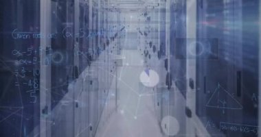 Animation of mathematical equations and data processing over server room. Global technology, computing and digital interface concept digitally generated video.
