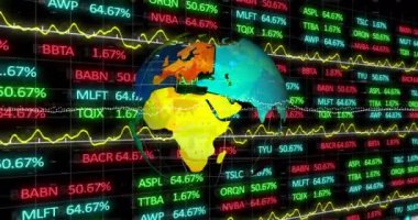 Kara zemine karşı borsa veri işleme üzerinde dönen dünyanın animasyonu. Küresel ekonomi ve ağ teknolojisi kavramı