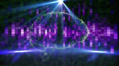 Siyah arkaplanda hareket eden kolonlar üzerinde dijital beynin animasyonu. Parti ve kutlama konsepti dijital olarak oluşturuldu.