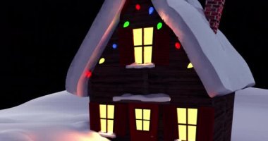 Siyah arka planda kış manzarasında evle titreşen noel ışıklarının animasyonu. Noel, şenlik, kutlama ve gelenek konsepti dijital olarak oluşturuldu.