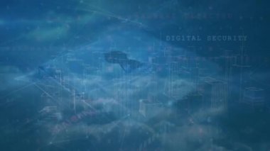 Dijital şehir ve asma kilit simgesi üzerinden veri işleme ağı ile bağlantıların animasyonu. Teknoloji, çevrimiçi güvenlik ve dijital arayüz kavramı dijital olarak oluşturulmuş video.