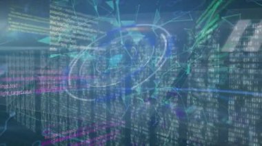 Yuvarlak tarayıcı, pleksus ağları ve mozaik kare ekranlarına karşı veri işleme animasyonları. Bilgisayar arayüzü ve iş teknolojisi kavramı