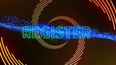 Siyah arkaplan üzerindeki neon şekiller üzerinden kayıt metninin canlandırması. Küresel teknoloji, sosyal medya ve dijital arayüz kavramı dijital olarak oluşturulmuş video.