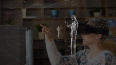 Animation of data processing over caucasian businesswoman using vr headset. Global business and digital interface concept digitally generated video.