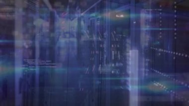 Boş bilgisayar sunucu odasında yüzen ışık noktaları ve veri işleme animasyonları. Bilgisayar arayüzü ve iş veri depolama teknolojisi kavramı