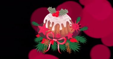 Siyah arka planda süslemeleri olan noel pudinginin animasyonu. Noel geleneği, kutlama ve şenlik konsepti dijital olarak oluşturuldu.