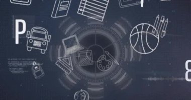 Tarama taraması ve siyah arkaplan üzerine düşen simgelerin canlandırması. Eğitim ve öğrenme kavramı dijital olarak oluşturulmuş video.