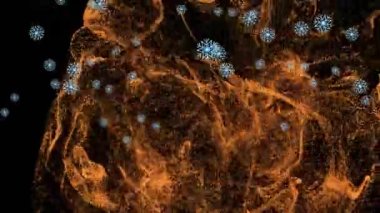 Siyah arkaplanda ışık noktalarının üzerinde kar tanelerinin canlandırılması. Işık, şablon ve hareket konsepti dijital olarak oluşturulmuş video.