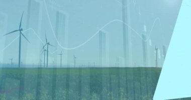 Mavi gökyüzüne karşı dönen yel değirmenleri üzerinde istatistiksel veri işleme animasyonu. Yenilenebilir enerji ve iş teknolojisi kavramı