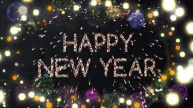 Mutlu yeni yıl metinleri ve siyah arka planda yanıp sönen peri ışıklarının animasyonu. Yeni yıl, Noel, şenlik, kutlama ve gelenek konsepti dijital olarak oluşturuldu.