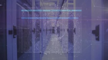 Boş bilgisayar sunucu odasıyla bağlantı ağı üzerinden veri işleme animasyonu. Bilgisayar arayüzü ve iş veri depolama teknolojisi kavramı