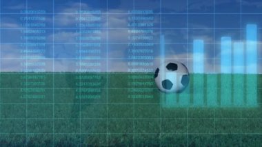 Çimlerin üzerinde futbol topu üzerinde beyaz koçun animasyonu. Dijital olarak oluşturulan küresel spor ve veri işleme kavramı.