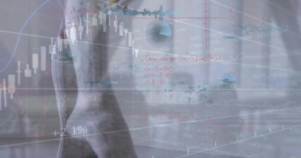 Animering Matematiska Ekvationer Och Databehandling Över Kvinnlig Dans Globalt Koncept — Stockvideo