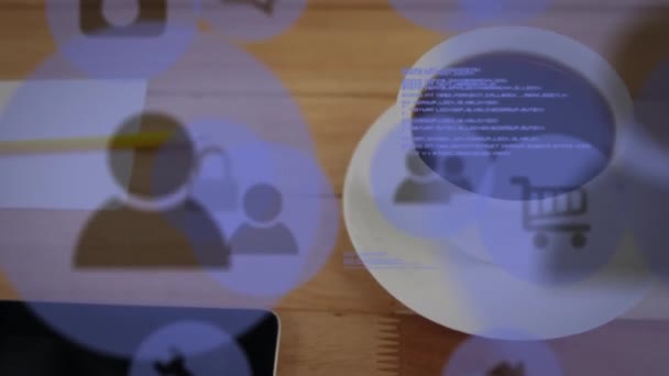 Animação Ícones Processamento Dados Sobre Smartphone Café Mesa Rede Comunicação — Vídeo de Stock