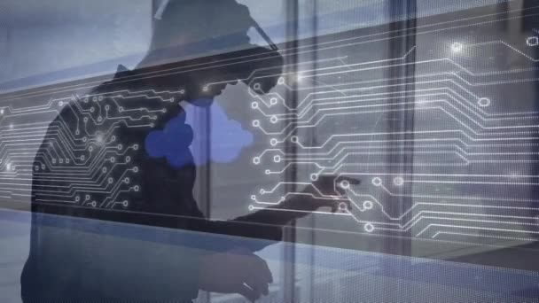 Animation Data Processing Biracial Businessman Using Headset Global Business Digital — Stock Video