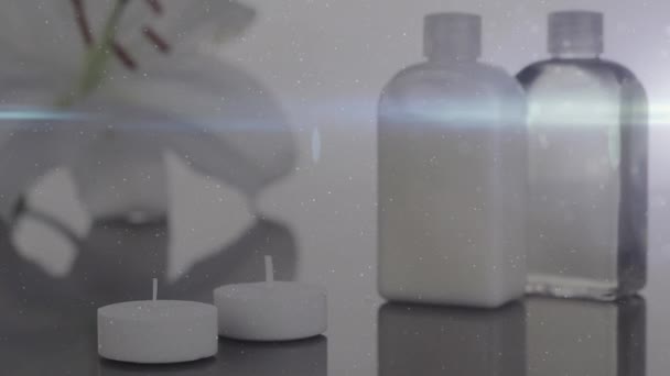 Animación Polvo Sobre Velas Botellas Spa Masaje Relax Concepto Industria — Vídeo de stock