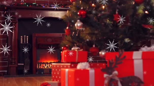 Animación Del Texto Felicitaciones Temporada Sobre Regalos Chimenea Árbol Navidad — Vídeos de Stock