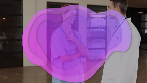 Animación Mancha Púrpura Sobre Médicos Caucásicos Concepto Salud Medicina Comunicación — Vídeo de stock