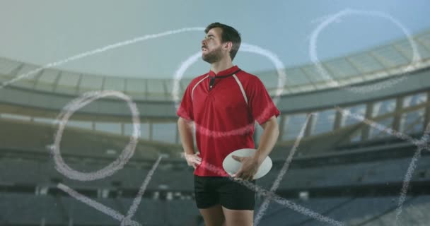 Animatie Van Het Positieplan Kaukasische Man Met Rugbybal Het Stadion — Stockvideo
