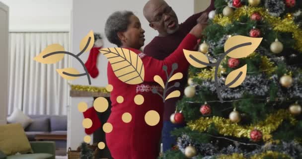 Animatie Van Kerst Patroon Afrikaans Amerikaanse Paar Versieren Kerstboom Kersttraditie — Stockvideo