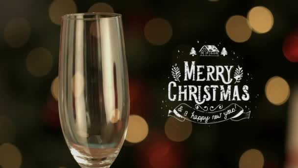シャンパンフルートとちらつき妖精の光の上に季節の挨拶テキストのアニメーション クリスマス お祭り お祝い 伝統的なコンセプトデジタル生成ビデオ — ストック動画