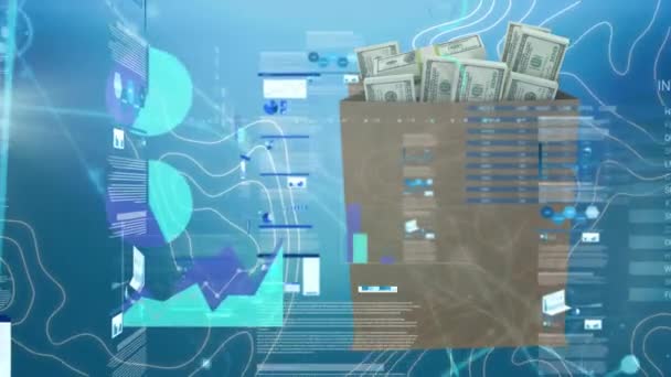 动画的数据处理和钱包蓝色背景 全球连接网络和数字生成视频的数据处理概念 — 图库视频影像