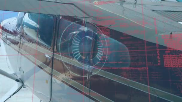 Animação Processamento Dados Scanner Redondo Contra Avião Estacionado Aeroporto Conceito — Vídeo de Stock