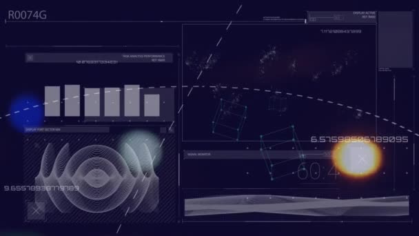 社交媒体图标的动画漂浮在界面上 以蓝色背景为背景进行数据处理 计算机接口和商业技术概念 — 图库视频影像