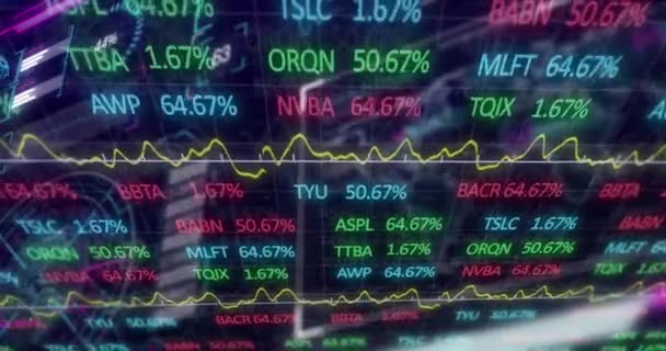青い背景に対するデジタルインターフェイス上の株式市場データ処理のアニメーション 世界経済とコンピュータ インターフェース技術の概念 — ストック動画